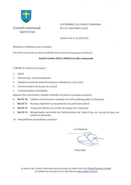 Ordre du jour de la séance ordinaire du 6 octobre 2025 