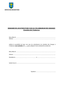 Demande de case  au columbarium - Cimetière des Granges à L'Auberson Fichier à télécharger