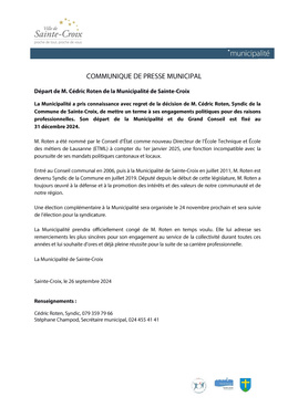 Communiqué de presse municipal - Départ de M. Cédric Roten Communiqué de presse municipal