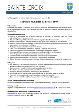 Offre emploi secrétaire adjoint.e Secrétaire municipal-e adjoint-e 100%