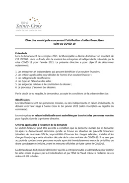 Directive municipale concernant l’attribution d’aides financières suite au COVID 19