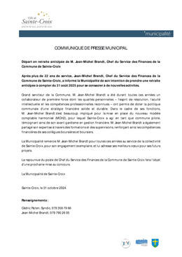 Communiqué de presse - départ de M. Jean-Michel Brandt, Chef du service des finances Communiqué de presse municipal
