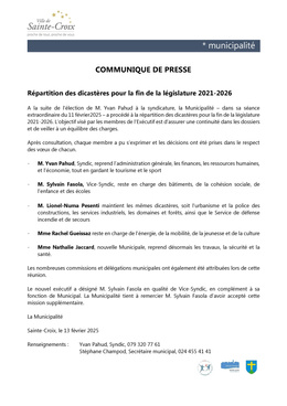 Communiqué de presse - Répartition des dicastères Communiqué de presse municipal