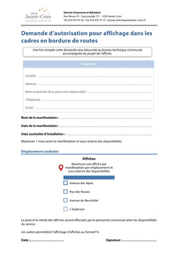 Demande d'autorisation pour affichage dans les cadres en bordure de route Fichier à télécharger
